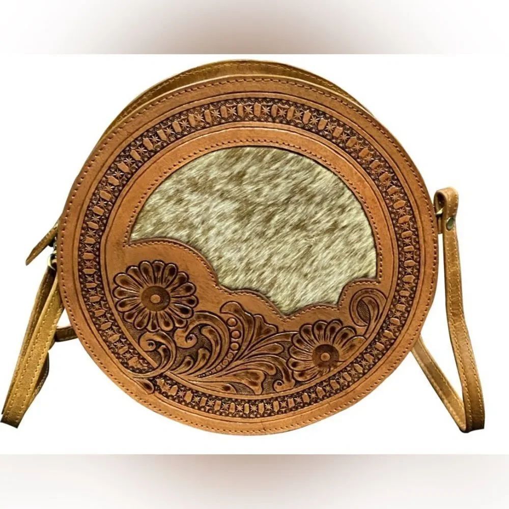 Klassy Cowgirl Medium Leather round Crossbody Bag with cowhide inlay